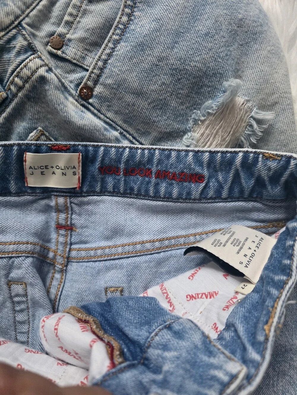 Alice + Olivia Washed Light Blue Distressed Denim Cutoff Shorts